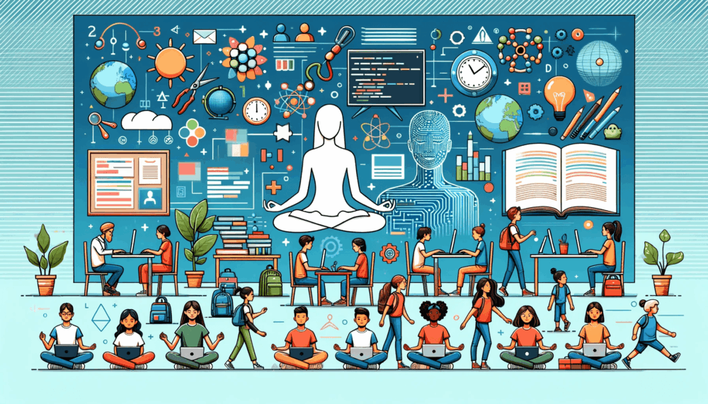 DALL·E 2023-10-27 06.42.22 - Wide banner-style graphic illustrating a modern classroom setting with diverse students engaged in various activities such as coding, meditation, and