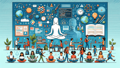 DALL·E 2023-10-27 06.42.22 - Wide banner-style graphic illustrating a modern classroom setting with diverse students engaged in various activities such as coding, meditation, and