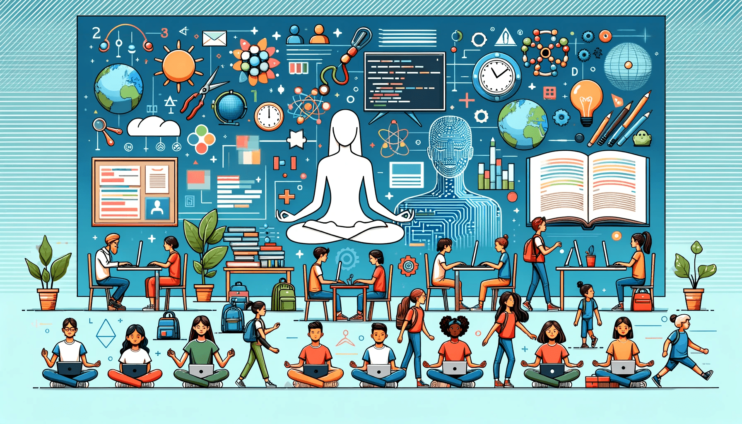 DALL·E 2023-10-27 06.42.22 - Wide banner-style graphic illustrating a modern classroom setting with diverse students engaged in various activities such as coding, meditation, and