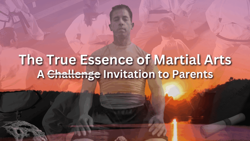 A parent and child practicing martial arts in a serene dojo during sunset, symbolizing the shared journey of discipline and growth.