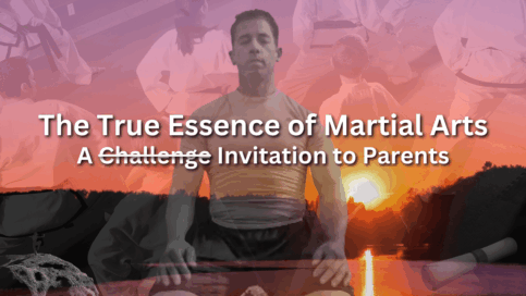A parent and child practicing martial arts in a serene dojo during sunset, symbolizing the shared journey of discipline and growth.