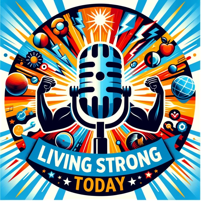 DALL·E 2024-02-03 06.08.53 - Create a podcast cover art for 'Living Strong Today' that embodies empowerment and vitality. The design should be bold and captivating, using vibrant