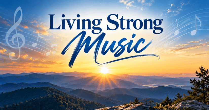 Living Strong Music featured image with a sunrise over blue mountains, musical notes, and the title “Living Strong Music,” representing original inspirational songs by Peter Simon Liciaga.